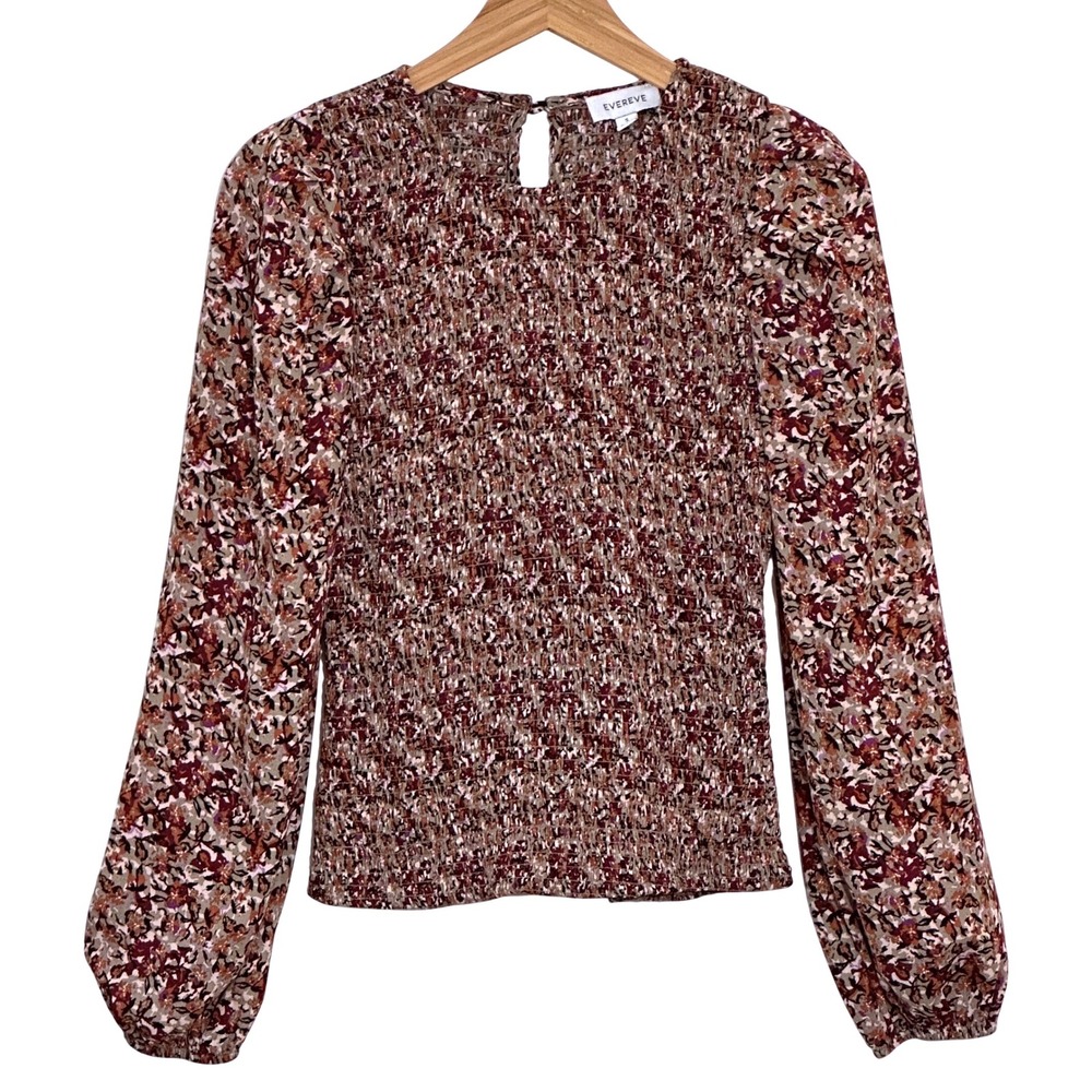 Evereve Womens Top S Margaret Burgundy Smocked Dark Floral Boho Cottage Peasant